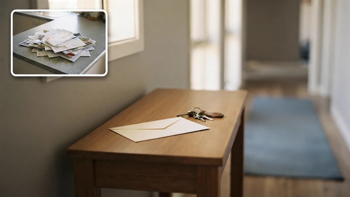 An unopened envelope and a set of keys on a hall table.